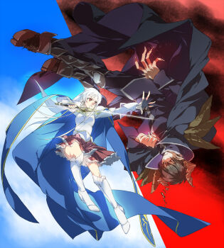 Rule 34 | 1boy, 1girl, armor, black hair, braid, cape, emilia justina, hataraku maou-sama!, highres, honmaguro (ran), hooves, horns, maou sadao, satan jacob, sword, weapon, white hair, yusa emi