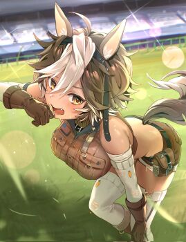 brown_eyes brown_fur brown_gloves brown_hair brown_skirt commentary cropped_shirt detached_sleeves english_commentary frown gloves highres horse_girl horse_tail kametaro_uu leaning_forward long_sleeves looking_at_viewer open_mouth outdoors skirt stadium tail teeth thighhighs tomoe_umari tongue tongue_out v-dere virtual_youtuber white_hair white_thighhighs
