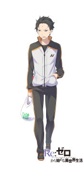 1boy absurdres bag black_eyes black_hair black_pants black_shirt black_shoes cellphone collarbone collared_jacket commentary_request copyright_name english_text flip_phone full_body hair_slicked_back hand_in_pocket highres holding holding_bag jacket long_sleeves looking_at_viewer looking_to_the_side natsuki_subaru official_art ootsuka_shin&#039;ichirou open_mouth pants phone plastic_bag re:zero_kara_hajimeru_isekai_seikatsu shirt shoes short_hair simple_background sneakers solo standing sweat tachi-e teeth title track_jacket track_suit tsurime upper_teeth_only v-shaped_eyebrows very_short_hair white_background