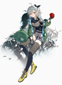 1girl absurdres ahoge ankle_boots apple aqua_jacket arknights belt bitten_apple black_belt black_gloves black_shirt black_shorts black_thighhighs boots breasts chinese_commentary commentary_request food food_bite fruit full_body gloves green_jacket hair_between_eyes highres holding holding_food holding_fruit jacket kuruma1892 large_breasts long_hair multicolored_jacket official_alternate_costume open_clothes open_jacket parted_lips red_eyes shirt short_shorts short_sleeves shorts simple_background skadi_(arknights) skadi_(the_next_afternoon_tea)_(arknights) solo stuffed_animal stuffed_shark stuffed_toy thighhighs two-tone_jacket white_background white_hair yellow_boots