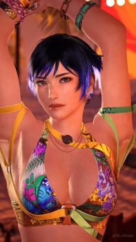 1girl 3d bikini bikini_top_only breasts cleavage cosplay cover female_focus game_screenshot highres large_breasts miary_zo miary_zo_(cosplay) mod multicolored_bikini multicolored_bikini_top namco purple_hair reina_(tekken) short_hair solo swimsuit tekken tekken_8 video_game_cover