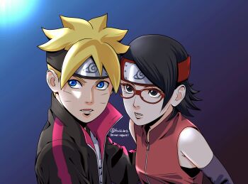1boy 1girl arm_warmers black_duck black_eyes black_hair black_headband blonde_hair blue_background blue_eyes boruto:_naruto_next_generations commentary_request facial_mark forehead_protector glasses headband highres jewelry konohagakure_symbol matsu_(fu6ide2) naruto_(series) necklace open_mouth red-framed_eyewear red_headband twitter_username uchiha_sarada uzumaki_boruto watermark whisker_markings