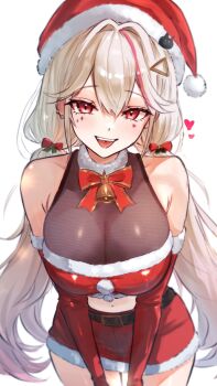 1girl :p absurdres bare_shoulders bell belt belt_buckle blonde_hair blush bow bowtie breasts buckle cleavage collarbone commentary commentary_request cowboy_shot ear_piercing elbow_gloves facial_mark fur-trimmed_gloves fur-trimmed_headwear fur-trimmed_skirt fur_collar fur_trim gloves goddess_of_victory:_nikke hair_ornament hair_ribbon hat heart highres jackal_(nikke) kunimoto_rikuya large_breasts long_hair looking_at_viewer low_twintails miniskirt multicolored_hair navel neck_bell open_mouth piercing pink_hair red_bow red_bowtie red_eyes red_gloves red_hat red_ribbon red_skirt ribbon santa_costume santa_hat shirt simple_background skirt solo star_(symbol) streaked_hair tongue tongue_out triangle_hair_ornament twintails two-tone_hair very_long_hair yellow_shirt