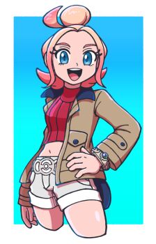 1girl :d blonde_hair blue_eyes border bracelet brown_jacket chako_(_fuhs5537) collared_jacket commentary_request cowboy_shot eyelashes hair_bun happy jacket jewelry long_sleeves looking_at_viewer navel nintendo open_clothes open_jacket open_mouth pokemon pokemon_legends:_z-a red_shirt ribbed_shirt shirt shorts smile solo taunie_(pokemon) teeth tongue upper_teeth_only white_border