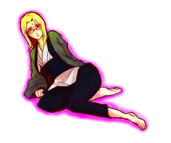 1girl barefoot blonde_hair facial_mark female_focus flat_chest forehead_mark glasses long_hair looking_at_viewer naruto:_road_to_ninja naruto_(series) naruto_shippuuden red_eyes solo tamagokara tsunade_(naruto)