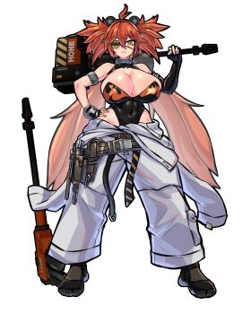 1girl absurdres aged_up ahoge alternate_breast_size_(larger) animal_ears bear_ears black_pantyhose black_thighhighs breasts cleavage commentary_request eyepatch fake_animal_ears hair_between_eyes hair_ornament highleg highres koleda_belobog large_breasts long_hair looking_at_viewer mold_(pixiv6616319) pantyhose red_eyes red_hair solo sphere_hair_ornament thighhighs thighs twintails zenless_zone_zero