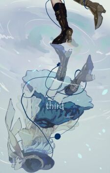 1girl black_boots black_hat boots bow full_body green_skirt grey_hair hat hat_bow komeiji_koishi medium_hair reflection reflection_focus reflective_liquid ripples shinjitsu_no_kuchi shirt skirt solo third_eye touhou translation_request water yellow_bow yellow_shirt
