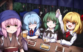 6+girls alcohol bamboo bamboo_forest beer cirno daiyousei drinking eating food forest happy imaizumi_kagerou inaba_tewi izakaya j_k_tanashi multiple_girls mystia_lorelei nature night rumia sekibanki smile tagme touhou wriggle_nightbug yakitori