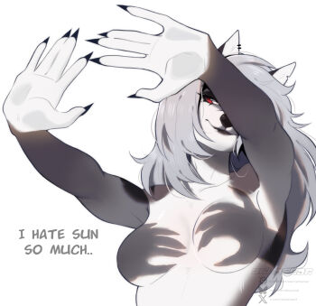 1girl animal_ears breasts closed_mouth colored_sclera colored_skin english_text furry furry_female hand_shadow_covering_breasts_(meme) hellaverse helluva_boss highres large_breasts light_smile long_hair loona_(helluva_boss) meme nude outstretched_arms red_eyes red_sclera shadow_censor solo tail uchachan upper_body white_skin wolf_ears wolf_girl wolf_tail