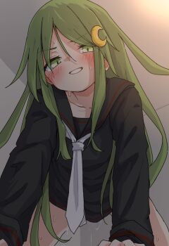 1girl absurdres all_fours black_sailor_collar black_serafuku blush bottomless commentary crescent crescent_hair_ornament green_eyes green_hair grey_background grin hair_between_eyes hair_ornament highres kantai_collection long_hair long_sleeves looking_at_viewer nagatsuki_(kancolle) neckerchief pok_(pok_0002) pussy_juice sailor_collar school_uniform serafuku sidelocks simple_background smile solo sweat symbol-only_commentary very_long_hair white_neckerchief