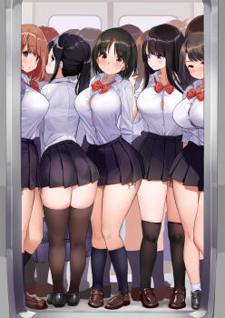 6+girls bad_anatomy bad_face bag black_hair black_skirt black_socks blue_socks blush bow bowtie bra bra_peek breasts brown_eyes brown_hair button_gap cleavage collared_shirt crowded highres kaisen_chuui kneehighs large_breasts loafers long_hair long_sleeves looking_at_viewer miniskirt mole mole_under_eye multiple_girls original over-kneehighs panties pleated_skirt purple_eyes red_bow school_bag school_uniform see-through_clothes shirt shoes short_hair side-tie_panties side-tie_peek skindentation skirt skirt_rolled_up smile socks standing take_your_pick tented_shirt thighhighs thighs train train_interior underwear zettai_ryouiki