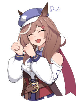 1girl animal_ears atamonica belt_bag blue_hat blush breasts brown_hair corset ear_covers ear_ornament ears_through_headwear ei_ei_mun! hair_ornament hairclip hat highres horse_ears horse_girl horse_tail matikanetannhauser_(panpaka_tiltott)_(umamusume) matikanetannhauser_(umamusume) medium_breasts medium_hair multicolored_hair newsboy_cap open_mouth red_corset smile solo streaked_hair tail tilted_headwear umamusume