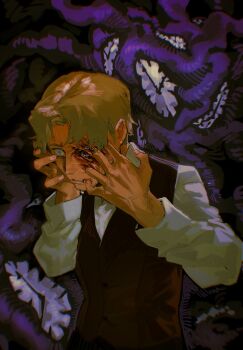 1boy analog_clock blonde_hair blood brown_vest clock commentary fear_&amp;_hunger fear_&amp;_hunger_2:_termina guro hands_on_own_face henryk_(fear_&amp;_hunger) highres hollow_eyes long_sleeves nordicpuff purple_background shirt short_hair solo upper_body vest white_shirt