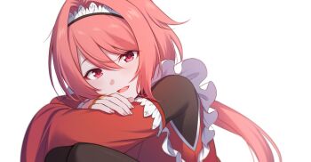 1girl :d detached_sleeves frilled_kimono frills hair_between_eyes hair_intakes hairband japanese_clothes kimono long_hair looking_at_viewer low_ponytail maid maid_headdress mikami_(nemu_mohu) open_mouth ponytail re:zero_kara_hajimeru_isekai_seikatsu red_eyes red_hair red_kimono red_sleeves smile solo virtual_youtuber wa_maid white_background yae_tenzen