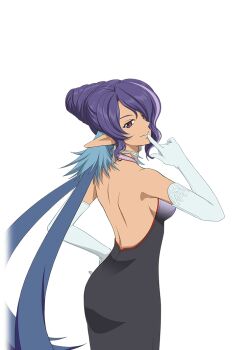 Rule 34 | 1girl, artist request, back, black dress, blue hair, breasts, dress, elbow gloves, finger to mouth, from behind, game cg, gloves, judith (tales), large breasts, long hair, looking at viewer, multicolored hair, official alternate costume, official art, pointy ears, purple eyes, purple hair, sideboob, smile, solo, tales of (series), tales of asteria, tales of vesperia, third-party source, transparent background, twintails, two-tone hair, very long hair, white gloves