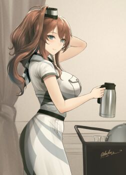 1girl belt blue_eyes blush breast_pocket breasts brown_hair closed_mouth coffee_pot cup dress from_side grey_eyes hair_between_eyes hair_ornament high_side_ponytail highres holding kantai_collection large_breasts long_hair odachu pocket saratoga_(kancolle) saratoga_mk_ii_(kancolle) short_sleeves side_ponytail sidelocks signature smile smokestack smokestack_hair_ornament white_dress