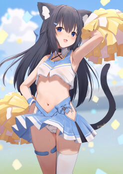 1girl absurdres animal_ears armpits black_hair blue_eyes blue_sky blurry blurry_background breasts cat_ears cat_girl cat_tail cheerleader cloud commentary_request day highres hinata_(user_rjkt4745) holding holding_pom_poms long_hair looking_at_viewer navel open_mouth original outdoors paid_reward_available panties pantyshot pom_pom_(cheerleading) pom_poms single_thighhigh sky small_breasts smile tail thighhighs underboob underwear white_panties white_thighhighs