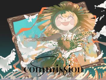 Rule 34 | 1girl, ^ ^, absurdres, ambird (infinity nikki), animal, animal on arm, animal on head, awan (wanzhong81144), bare shoulders, bird, bird on arm, black bow, bow, chinese commentary, closed eyes, collarbone, commentary request, commission, cowboy shot, dot nose, dove, dress, flock, flower, forehead, fringe trim, grains of yesterday (infinity nikki), hair ornament, hat, highres, holding wheat, infinity nikki, looking at viewer, mascot head, miniskirt, neck flower, nikki (series), on head, open mouth, orange dress, orange ribbon, outstretched arm, painting (object), picture frame, plant, pleated dress, pleated skirt, ribbon, rose, sample watermark, scarecrow, skirt, skirt under dress, solo, strapless, strapless dress, straw hat, vines, watermark, wheat field, white flower, white skirt, yellow flower, yellow rose