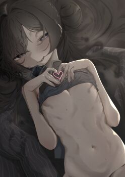 1girl blue_archive blush bottomless breasts double_bun groin hair_bun hair_intakes half-closed_eyes heart heart_hands highres inhaler kisaki_(blue_archive) looking_at_viewer lying navel on_back on_bed out-of-frame_censoring petite pinstripe_pattern pinstripe_shirt sharp_to_sharp shirt small_breasts smile solo stomach sweat twintails underboob unworn_shirt