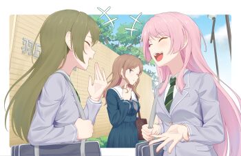 3girls anglediana bag bang_dream! bang_dream!_it's_mygo!!!!! blue_eyes blue_shirt blue_skirt blush brown_hair chihaya_anon chinese_commentary closed_eyes commentary_request day diagonal-striped_clothes diagonal-striped_necktie eri_(bang_dream!) fang green_hair green_necktie grey_bag grey_jacket grey_neckerchief haneoka_school_uniform highres jacket long_hair long_sleeves multiple_girls nagasaki_soyo neckerchief necktie open_mouth outdoors pink_hair school_bag school_uniform shirt shoulder_bag skirt striped_clothes teeth tsukinomori_school_uniform twirling_hair upper_teeth_only