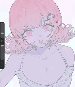 Rule 34 | 1girl, :o, bare shoulders, bikini, breasts, brown hair, cleavage, danganronpa (series), danganronpa 2: goodbye despair, flipped hair, frilled bikini, frills, grey bikini, hair ornament, highres, large breasts, medium hair, nanami chiaki, pink eyes, seailand, simple background, solo, swimsuit, teeth