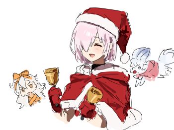 2girls bell blush bow christmas closed_eyes fate/grand_order fate_(series) fgo_gwa fou_(fate) hair_over_one_eye hat highres holding holding_bell mash_kyrielight multiple_girls olga_marie_animusphere open_mouth pink_hair santa_costume santa_hat sketch smile upper_body white_background wrapped_up
