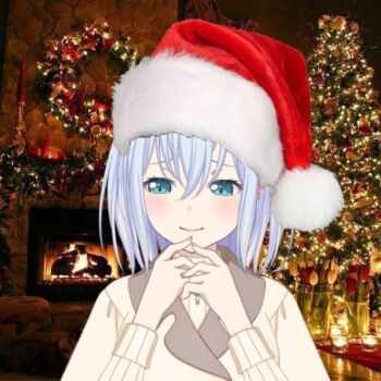 1girl bang_dream! blue_eyes blush christmas christmas_background fire flower flower_in_glasses glasses hat kurata_mashiro non-web_source pine_tree red_hat santa_hat short_hair shy smile sweater tree yellow_sweater