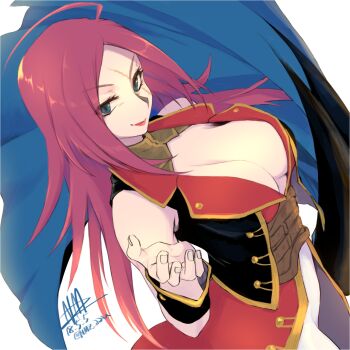 1girl ahoge blue_eyes breasts cleavage closed_mouth corset dated fate/extra fate/grand_order fate_(series) francis_drake_(fate) highres large_breasts lipstick long_hair makeup nmz_(namazu) pirate red_hair red_lips scar scar_across_eye scar_on_face signature simple_background sleeveless smile solo white_background