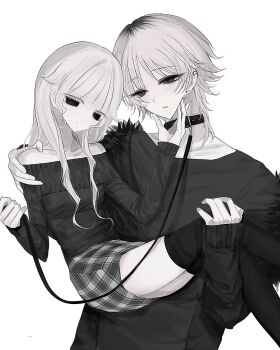 Rule 34 | 1boy, 1girl, black eyes, black shirt, blank eyes, carrying, carrying person, choker, closed mouth, collarbone, colored eyelashes, cropped legs, ear piercing, eyelashes, fur-trimmed jacket, fur trim, highres, holding, holding leash, ilililliiilill (himepu), jacket, leash, long hair, long sleeves, looking at viewer, multicolored hair, no pupils, original, pale skin, parted lips, piercing, plaid clothes, plaid skirt, roots (hair), shirt, sidelocks, simple background, skirt, spiked choker, spikes, thighhighs, upper body, white eyelashes, white hair, wolf cut, zettai ryouiki