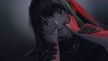 Rule 34 | 2girls, bandana, bandana around neck, blood, blood on arm, blood on face, brown eyes, brown hair, constricted pupils, dark, dutch angle, game asset, girls' frontline, gloves, grabbing another's face, green hair, head grab, holding hands, infukun, long hair, lunasia (girls' frontline), m4a1 (girls' frontline), mask, multicolored hair, multiple girls, official art, parted lips, print bandana, simple background, skull print, sleeveless, sleeveless sweater, solo focus, spoilers, streaked hair, sweater, third-party source