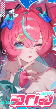 Rule 34 | 1girl, absurdres, aqua hair, aqua streaks, aria (human) (zenless zone zero), aria (zenless zone zero), bare shoulders, blue eyes, bridal gauntlets, character name, collarbone, commentary, crossed bangs, fingerless gloves, gloves, hair between eyes, hair ornament, hairclip, hand on own chin, highres, looking at viewer, mincokeikeujeongol, multicolored hair, one eye closed, pink gloves, pink hair, pink nails, portrait, quad tails, solo, star-shaped pupils, star (symbol), streaked hair, symbol-shaped pupils, untranslatable commentary, white bridal gauntlets, zenless zone zero