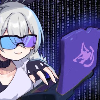 1girl absurdres binary black_choker black_gloves black_hackerman_(meme) choker commentary computer fingerless_gloves flareza gloves grey_hair highres honkai:_star_rail honkai_(series) laptop meme parody shirt silver_wolf_(honkai:_star_rail) smile solo sunglasses upper_body white_shirt