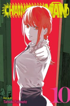 Rule 34 | 1girl, artist name, black necktie, black pants, braid, braided ponytail, breasts, chainsaw man, closed mouth, collared shirt, copyright name, cover, cover page, formal clothes, fujimoto tatsuki, green background, hand gesture, high-waist pants, highres, long hair, long sleeves, looking at viewer, makima (chainsaw man), manga cover, medium breasts, multicolored background, nail (hardware), necktie, non-web source, official art, open door, pants, pointing, pointing at viewer, red background, red eyes, red hair, ringed eyes, shirt, sidelocks, smile, solo, upper body, white shirt, yellow eyes