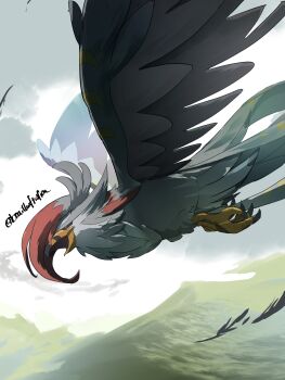 Rule 34 | absurdres, beak, bird, black sclera, bo (bouillustration), colored sclera, commentary request, feathers, flying, gen 4 pokemon, highres, mega pokemon, mega staraptor, nintendo, no humans, pokemon, pokemon (creature), pokemon focus, red eyes, sky, staraptor, talons, wings