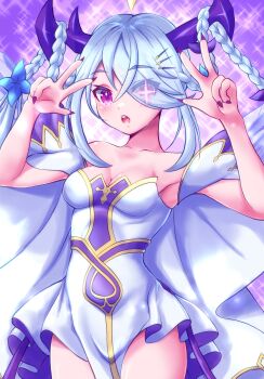 Rule 34 | 1girl, :o, braid, breasts, cleavage, commentary request, cross-shaped pupils, cyclepedia (duel masters), dragon girl, dragon horns, dress, duel masters, eyes visible through hair, flower, grey hair, hair between eyes, hair flower, hair on horn, hair ornament, hair over one eye, hairclip, highres, horns, long hair, medium breasts, multicolored dress, musan (mu34mi), off-shoulder dress, off shoulder, pink eyes, purple dress, purple horns, purple nails, solo, sparkle, symbol-shaped pupils, teeth, twin braids, upper teeth only, v, v over eye, white dress