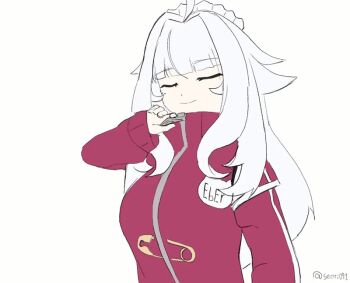 ahoge alternate_costume animated animated_gif bouncing_breasts breasts button_gap cleavage ember_amane ember_amane_(loungewear) hair_intakes jacket jersey_maid large_breasts long_hair maid maid_headdress mole mole_on_breast mole_under_eye multiple_moles name_tag off_shoulder open_mouth partially_unzipped phase_connect purple_eyes red_jacket ribbed_shirt seori091 shirt simple_background sleeveless sleeveless_shirt smile solo spaghetti_strap unconventional_maid unzipped virtual_youtuber white_background white_hair white_shirt zipper zipper_pull_tab