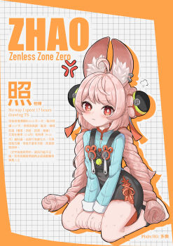 1girl absurdres ahoge animal_ear_fluff animal_ear_piercing animal_ears blush braid bright_pupils commentary_request furry furry_female hair_ornament highres jim6581156 long_hair looking_at_viewer pink_fur pink_hair rabbit_ears rabbit_girl red_eyes shirt short_eyebrows solo thick_eyebrows twin_braids white_pupils zenless_zone_zero zhao_(zenless_zone_zero)