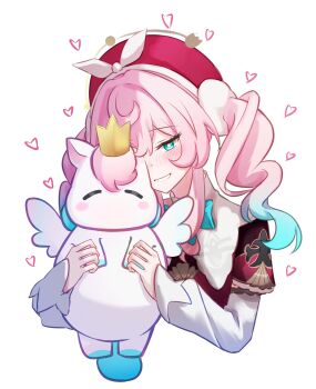 1girl absurdres blue_hair blush commentary_request dress gradient_hair green_eyes hat heart highres honkai:_star_rail honkai_(series) hyacine_(honkai:_star_rail) little_ica_(honkai:_star_rail) memeiradesuyo multicolored_hair pegasus pink_hair red_dress red_hat short_twintails smile twintails