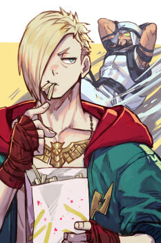 2boys aerokinesis arms_behind_head arms_up beard black_hair blonde_hair blue_eyes blue_jacket collarbone covered_pectorals dark-skinned_male dark_skin ed_(street_fighter) facial_hair fingerless_gloves fingernails food food_in_mouth french_fries gloves grin hair_over_one_eye holding holding_food hood hooded_jacket hungry_clicker jacket jewelry jitome looking_to_the_side male_focus multicolored_jacket multiple_boys necklace one_eye_covered open_clothes open_jacket pants pectorals rashid_(street_fighter) red_gloves red_hood scouter shirt sideways_glance sleeveless sleeveless_shirt smile street_fighter street_fighter_6 teeth upper_body white_pants wind