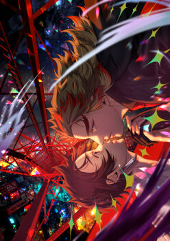 2boys black_gloves black_jacket black_shirt black_suit blonde_hair blurry blurry_foreground brown_hair city_lights cityscape collared_shirt contemporary earrings eye_contact face-to-face falling forked_eyebrows formal_clothes from_above from_side gloves hashimoto_(yanagi-momo) holding_hands imminent_kiss interlocked_fingers jacket jewelry kamado_tanjirou kimetsu_no_yaiba kiss long_hair looking_at_another male_focus motion_blur multicolored_eyes multicolored_hair multiple_boys necktie night parted_lips profile red_eyes red_hair red_necktie rengoku_kyoujurou shirt short_hair smoke sparkle streaked_hair suit two-tone_hair upper_body upside-down white_shirt yaoi yellow_eyes