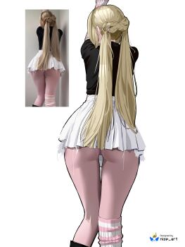 1girl absurdres against_wall black_boots black_shirt blonde_hair boots braid commentary english_commentary from_behind highres nisp_art pantyhose photo-referenced pink_pantyhose real_life reference_inset shirt single_sock skirt socks solo twintails twitter_username white_skirt