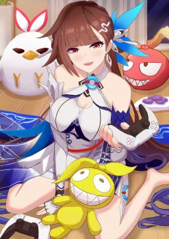 Rule 34 | 1girl, absurdres, barefoot, breasts, brown eyes, brown hair, chinese commentary, cleavage cutout, clothing cutout, commentary request, controller, dress, game controller, highres, hola (honkai impact), holding, holding controller, holding game controller, homu (honkai impact), honkai (series), honkai impact 3rd, indoors, jingwei (bird), large breasts, li sushang, li sushang (jade knight), long hair, looking at viewer, ningchaningcha, sitting, smile, solo, stuffed animal, stuffed toy, very long hair, wariza, white dress