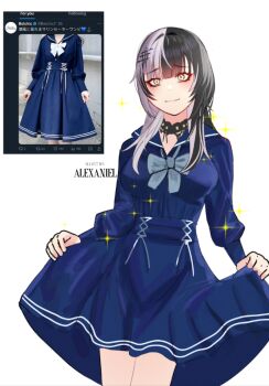 Rule 34 | 1girl, alexaniel, artist name, black choker, black hair, blue dress, bow, choker, closed mouth, dress, grey bow, grey hair, hololive, hololive english, long hair, multicolored hair, photo-referenced, screenshot inset, shiori novella, solo, sparkle, split-color hair, two-tone hair, virtual youtuber, white background, yellow eyes