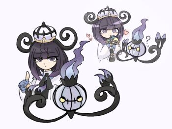 1girl ? absurdres black_dress black_hair blue_gloves blunt_bangs bob_cut canari_plush_(pokemon) chandelure character_doll closed_mouth coat commentary_request doll dress gen_5_pokemon gloves gradient_hair gwynn_(pokemon) hat heart highres holding holding_doll index_finger_raised looking_at_viewer multicolored_hair multiple_views nintendo open_clothes open_coat partially_fingerless_gloves pokemon pokemon_(creature) pokemon_legends:_z-a purple_eyes purple_hair short_hair suzu_(pixiv_32232702) upper_body white_background white_coat