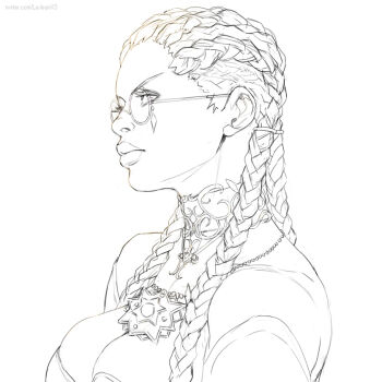 1girl braid braided_ponytail breasts cleavage collar dolores_(kof) dress female_focus glasses jewelry large_breasts lejeanx3 long_hair looking_at_viewer mastadonxkasai rejean_dubois round_eyewear the_king_of_fighters thick_lips white_hair