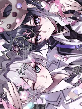 Rule 34 | 2boys, bandaid, bandaid on face, belt collar, black hair, collar, commentary request, crossdressing, crossdressing (mtf), donut, food, hair ornament, hairpin, highres, kaminoq, male focus, multiple boys, nail polish, necktie, original, pentagram, pentagram hair ornament, pentagram necklace, pill, shirt, white hair, white shirt
