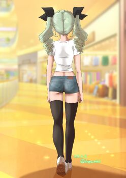 Rule 34 | 1girl, 2026, anchovy (girls und panzer), arms behind back, ass, back, curvy, dated, denim, denim shorts, drill hair, drops mint, female focus, full body, girls und panzer, green hair, hair ribbon, heart, highres, long hair, necktie, ribbon, room, shirt, shoes, shopping, short shorts, short sleeves, shorts, sneakers, solo, twintails, twitter username, walking, white shirt