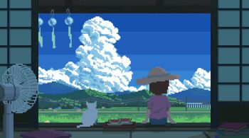 1girl animal animated animated_gif blue_sky book book_stack bug butterfly cat cloud cumulonimbus_cloud electric_fan facing_away food fruit grass hat insect kuuchuu_roukaku looping_animation mountain original pixel_art porch power_lines purple_shirt shirt shouji sitting sky sliding_doors solo tatami watermelon watermelon_slice wind_chime
