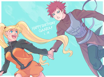 Rule 34 | blonde hair, blue eyes, blush, breasts, gaara (naruto), genderswap, green eyes, holding hands, large breasts, naruko (naruto), naruto (classic), naruto (series), naruto shippuuden, open mouth, red hair, risuo, sexy no jutsu, shorts, simple background, smile, twintails, uzumaki naruto