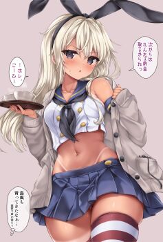 1girl bare_shoulders bikini_tan black_eyes black_hairband black_neckerchief blonde_hair blue_sailor_collar blue_skirt blush breasts cardigan commentary_request cowboy_shot crop_top cropped_shirt cup grey_background grey_cardigan hair_between_eyes hairband highres holding holding_tray kantai_collection long_hair long_sleeves looking_at_viewer medium_breasts midriff navel neckerchief nijimoto_hirok off_shoulder open_mouth pleated_skirt red_thighhighs sailor_collar shimakaze_(kancolle) shirt simple_background single_off_shoulder skindentation skirt sleeveless sleeveless_shirt sleeves_past_wrists solo speech_bubble stomach striped_clothes striped_thighhighs sweat tan tanline teacup thick_thighs thighhighs thighs translation_request tray v-shaped_eyebrows white_shirt zettai_ryouiki